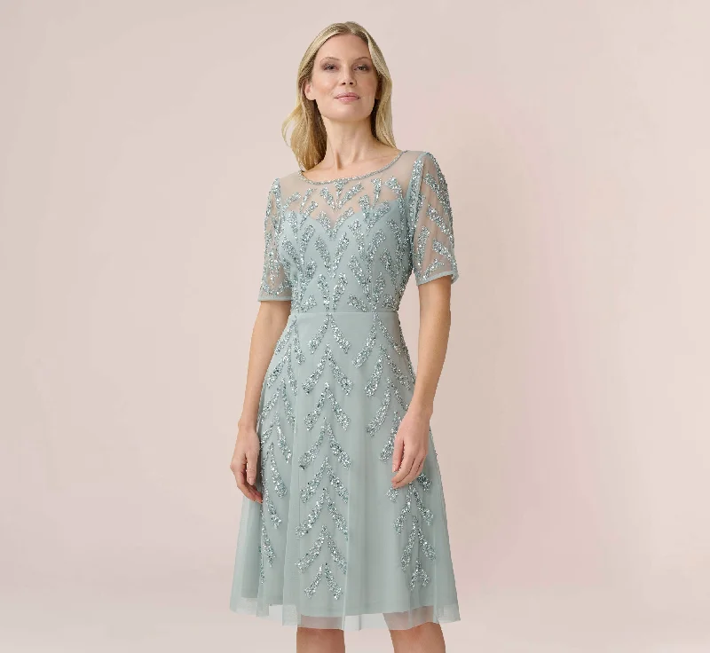 Plus Size Women Dress with a Flattering A - Line Cut for Comfort and StyleHand-Beaded Illusion Midi-Length Fit-And-Flare Cocktail Dress In Frosted Sage