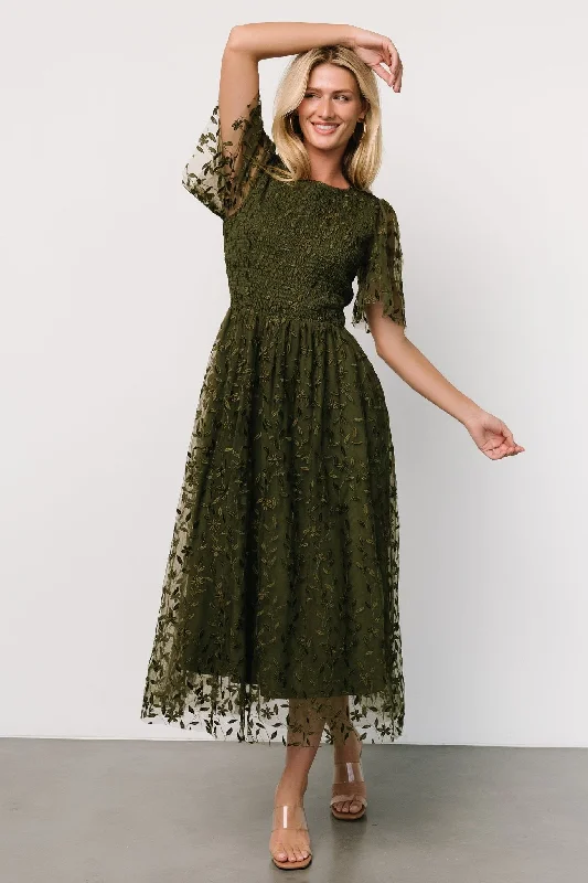 Ruffled Women Dress with Multiple Layers for a Playful and Girly StyleKendra Embroidered Dress | Olive