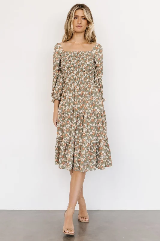 Shift Women Dress with a Simple and Classic Design for Everyday WearMarta Smocked Midi Dress | Dusty Olive Floral