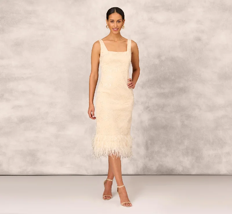 Off - the - Shoulder Women Dress for a Romantic and Feminine LookSequined And Embroidered Midi-Length Sheath Cocktail Dress With Feather Trim In Champagne