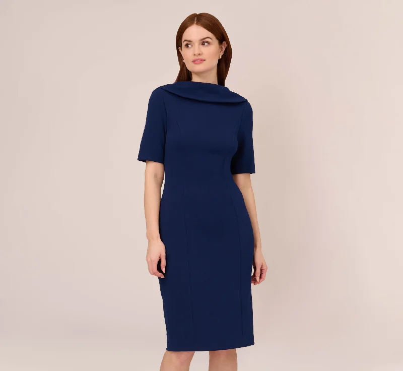 Wrap - Style Women Dress with Adjustable Fit for All Body TypesShort Sleeve Crepe Dress With Rolled Neck In Navy Sateen