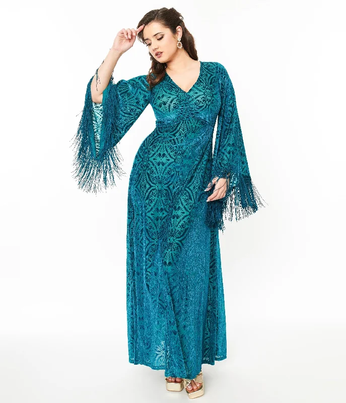 Pleated Women Dress with a Timeless and Elegant TextureSmak Parlour 1970s Teal Floral Fringe Sleeve Maxi Dress