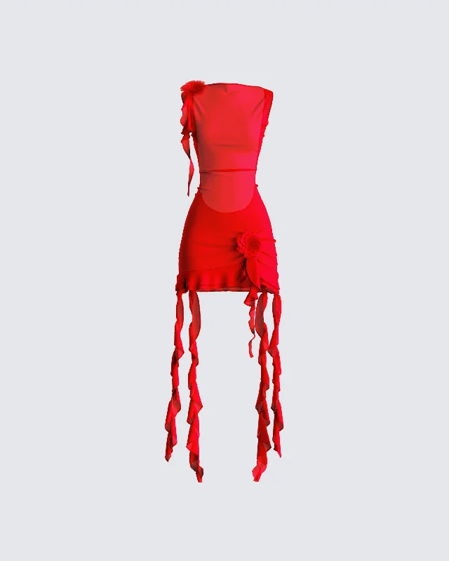 Strapless Women Dress with a Built - in Bra for Comfort and SupportTiana Red Ruffle Rosette Dress