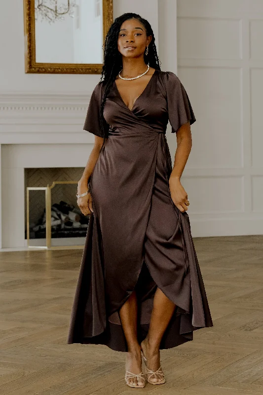 Ruffled Women Dress with Multiple Layers for a Playful and Girly StyleVara Satin Maxi Wrap Dress | Espresso