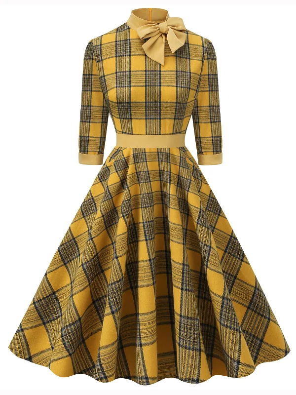 Maxi Women Dress with Floral Print for a Bohemian VibeYellow 1950s Plaid Bowknot Patchwork Dress