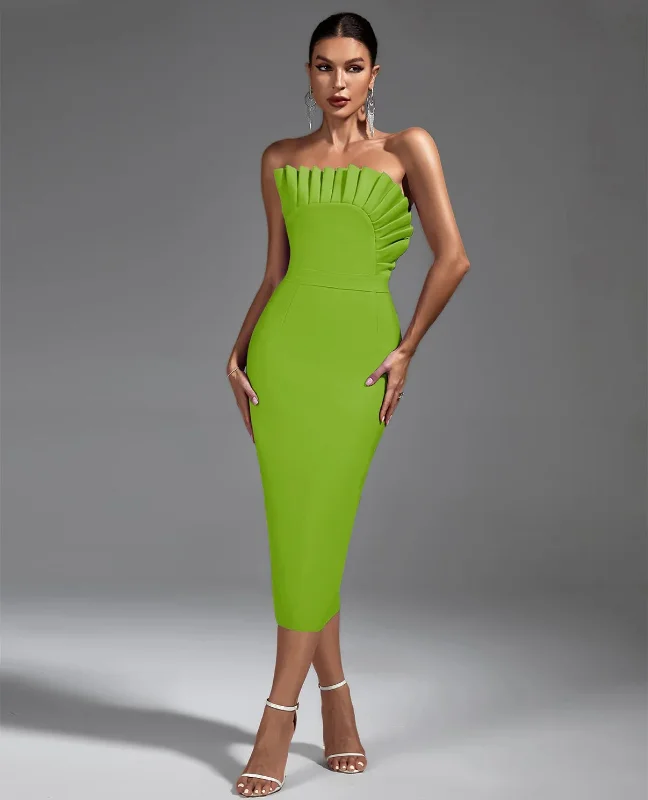 Wrap - Style Women Dress with Adjustable Fit for All Body Types“Anai” Green Strapless Pleated Midi Bandage Dress