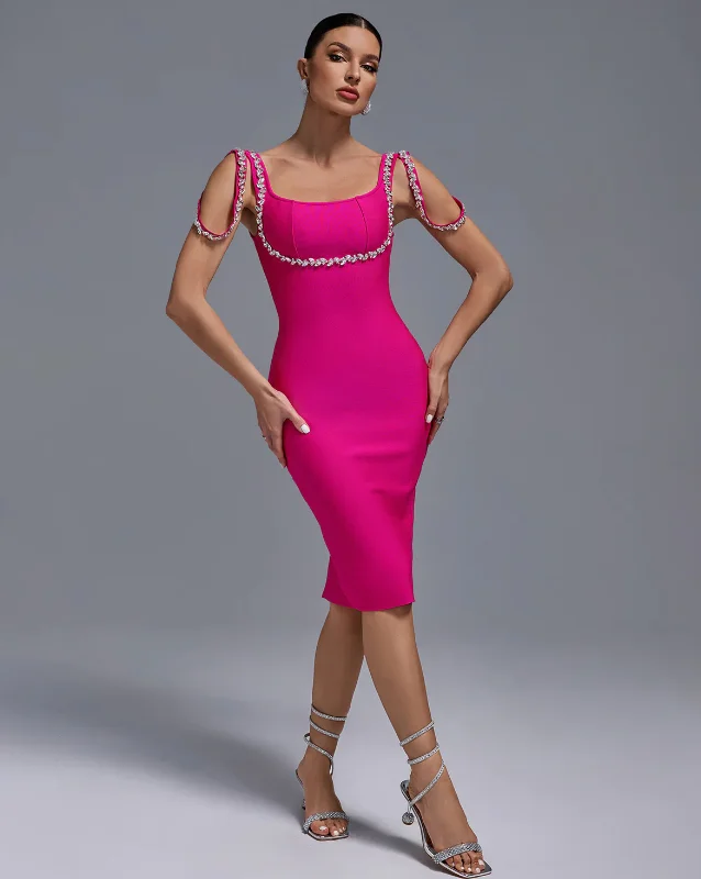 Sheath Women Dress with a Tailored Fit for a Professional Look"Bie" Pink Crystal Detailed Bandage Dress