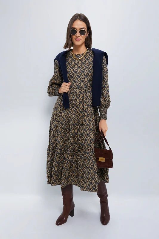 Long - Sleeve Women Dress in Velvet for a Luxurious Winter LookNavy & Tan Floral Anja Midi Dress