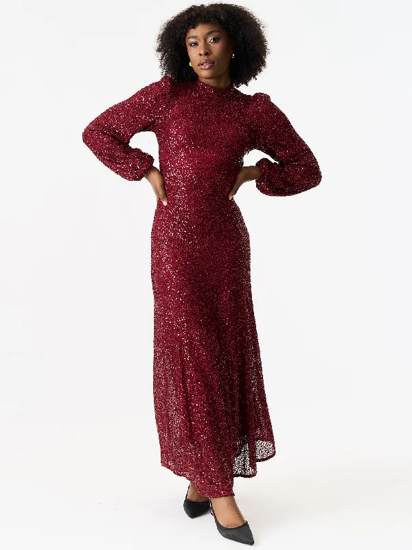 Ruffled Women Dress with Multiple Layers for a Playful and Girly StyleBurgundy Sequin High Neck Occasion Midi Dress