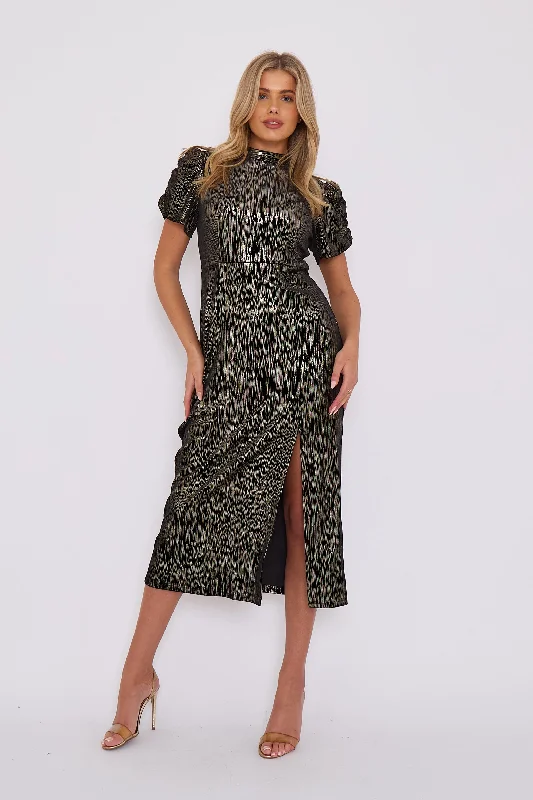 Ball Gown Women Dress with a Full Skirt for a Princess - like LookBlack Foil Velour Midi Dress