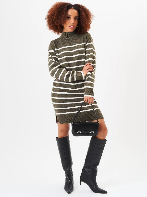 Strapless Women Dress with a Built - in Bra for Comfort and SupportKhaki High Neck Stripe Oversized Tunic Dress