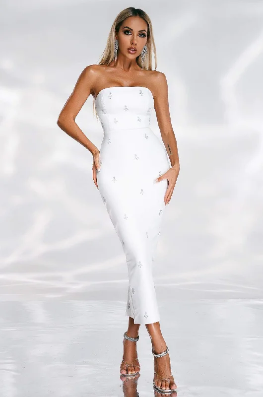 Strapless Women Dress with a Built - in Bra for Comfort and Support"Miya" Strapless Crystal Embellished White Bandage Dress