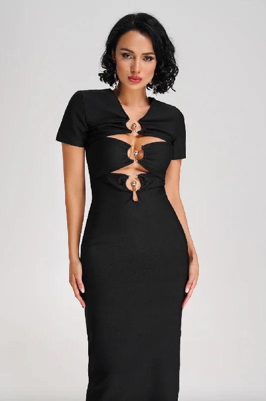 Mini Women Dress with a Short Hem for a Young and Trendy Style"Olga"  Gold Wired Cut Out Black Bandage Dress