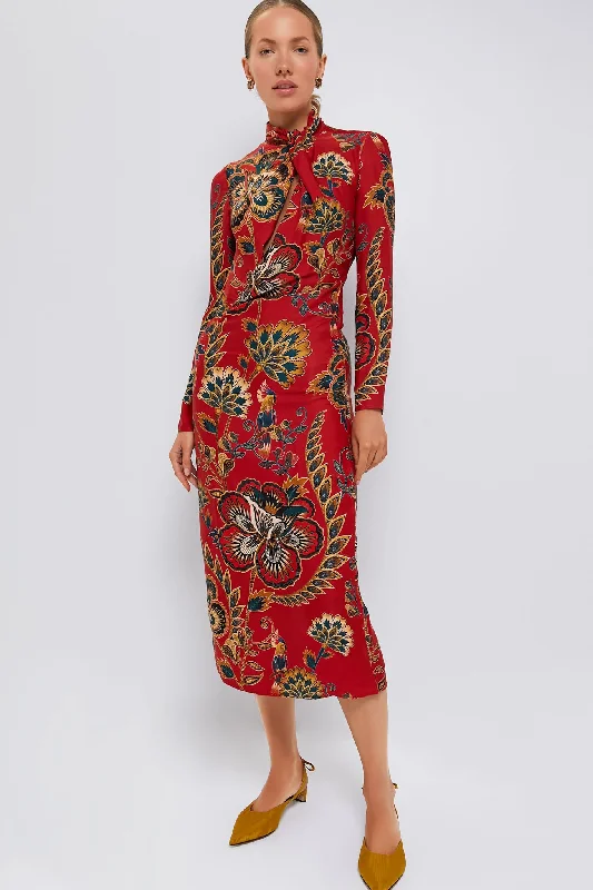 Empire Waist Women Dress to Accentuate the Bust and Conceal the WaistRed Floral Cutout Long Sleeve Midi Dress