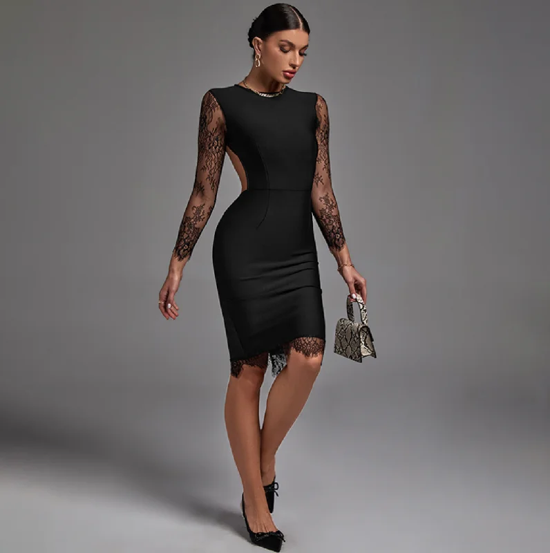 Little Black Women Dress with Sequins for a Glamorous Night Out"Zoe" Sexy Black Lace Sleeves with Open Back Bandage Dress