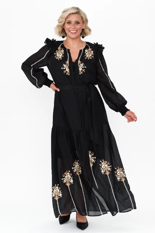 Plus Size Women Dress with a Flattering A - Line Cut for Comfort and StyleAquila Black Embroidered Cotton Silk Dress