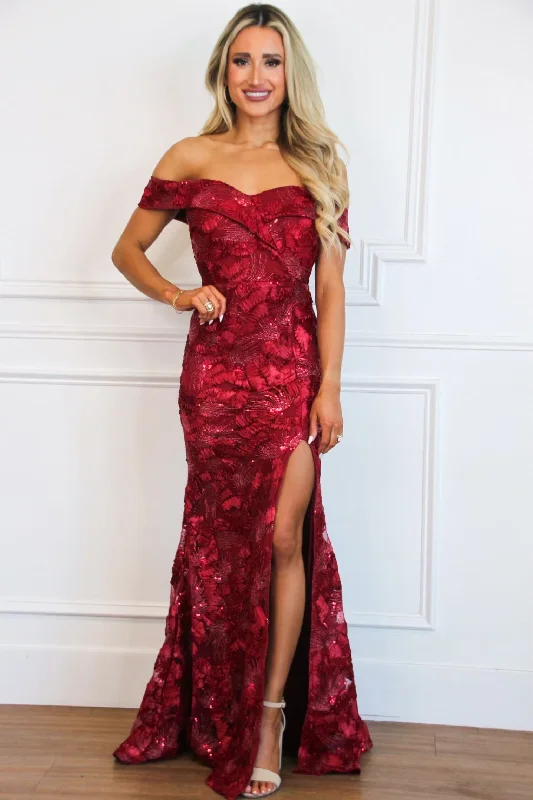 Little Black Women Dress with Sequins for a Glamorous Night OutArabella Textured Off Shoulder Maxi Dress: Burgundy