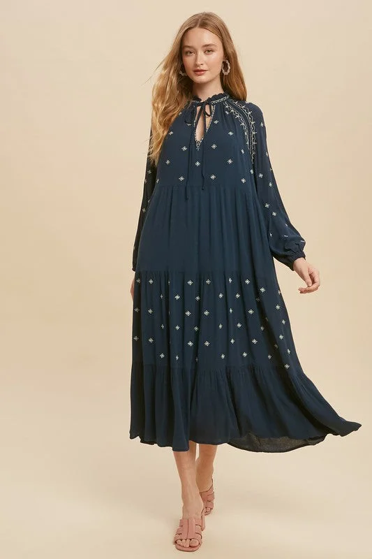 Long - Sleeve Women Dress in Velvet for a Luxurious Winter LookBeautiful Boho Tiered Dress Ruffled Collar  With Self Tie Straps