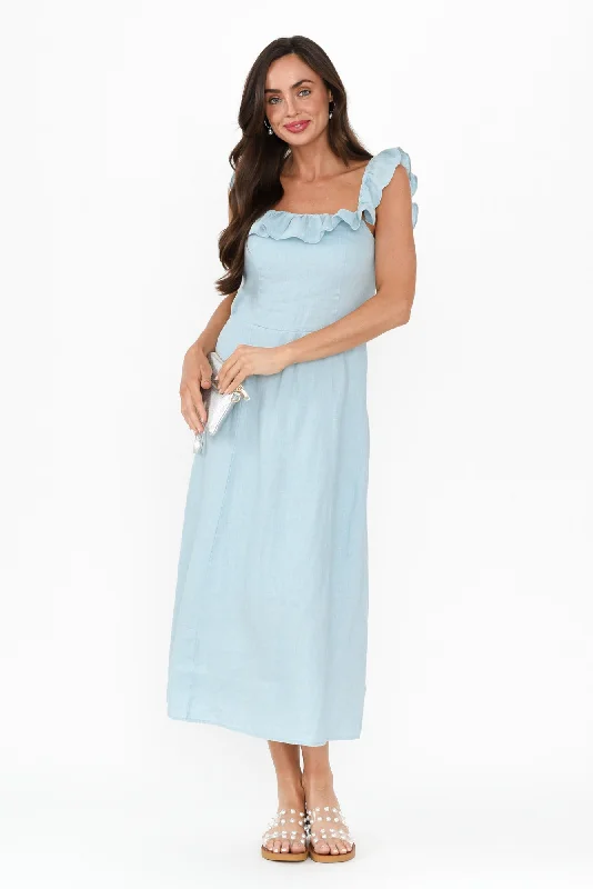 Plus Size Women Dress with a Flattering A - Line Cut for Comfort and StyleBonifacio Blue Linen Blend Dress