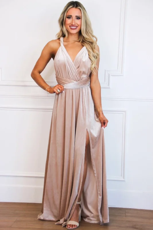 Lace - Embellished Women Dress for an Elegant and Sophisticated AppearanceClassic Wrap Maxi Dress: Champagne VELVET