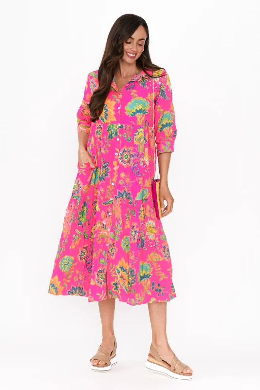 Long - Sleeve Women Dress in Velvet for a Luxurious Winter LookDain Pink Floral Cotton Collared Dress