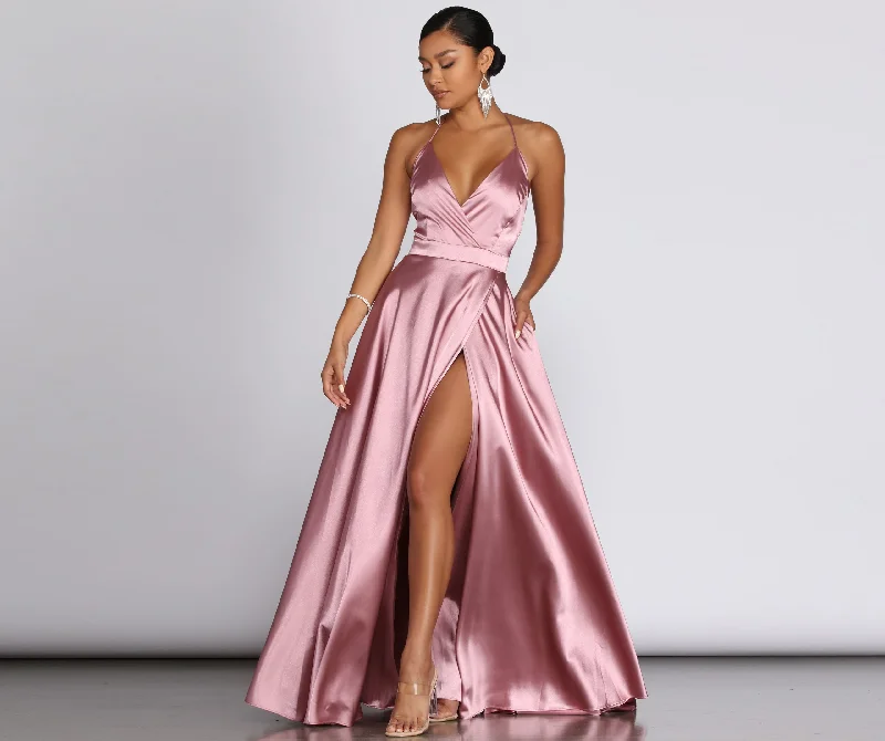 Plus Size Women Dress with a Flattering A - Line Cut for Comfort and StyleEllie Formal Satin High Slit Dress