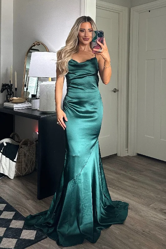 Mini Women Dress with a Short Hem for a Young and Trendy StyleEzra Cowl Back Satin Maxi Dress: Emerald