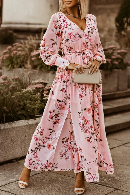 Strapless Women Dress with a Built - in Bra for Comfort and SupportFloral Tie Belt Bishop Sleeve Slit Maxi Dress