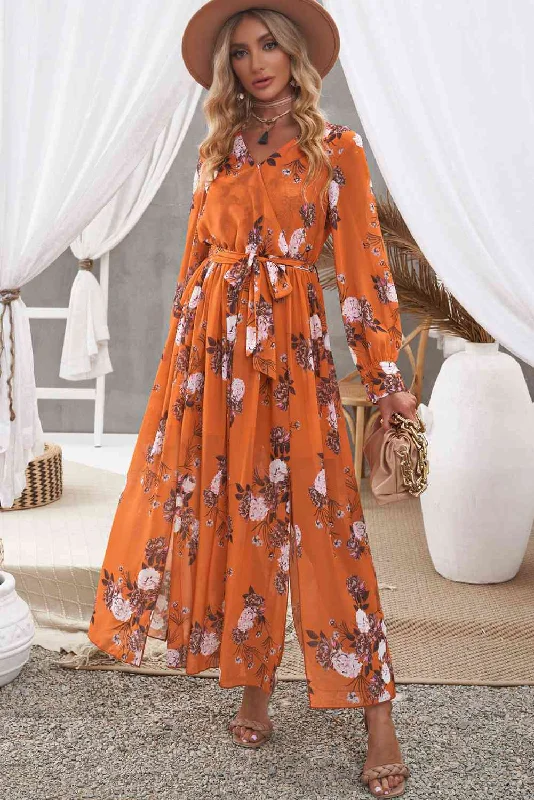 Lace - Embellished Women Dress for an Elegant and Sophisticated AppearanceFloral Tie Waist Slit Maxi Dress