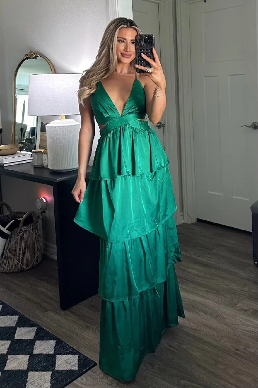 Sheath Women Dress with a Tailored Fit for a Professional LookFlorence Tiered Satin Maxi Dress: Green