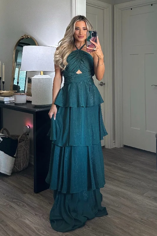 Sleeveless Women Dress in Bright Colors for Summer PartiesGabriela High Neck Tiered Ruffle Shimmer Maxi Dress: Hunter Green