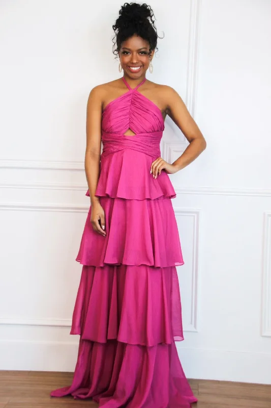 Halter Neck Women Dress to Show Off the Shoulders and NecklineGabriela High Neck Tiered Ruffle Shimmer Maxi Dress: Magenta