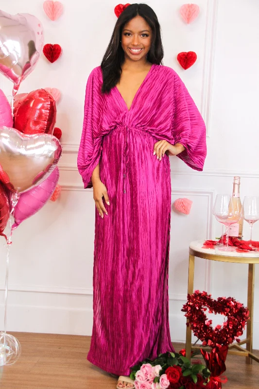 Backless Women Dress for a Sexy and Alluring Look at Evening EventsJunie Pleated Batwing Maxi Dress: Magenta