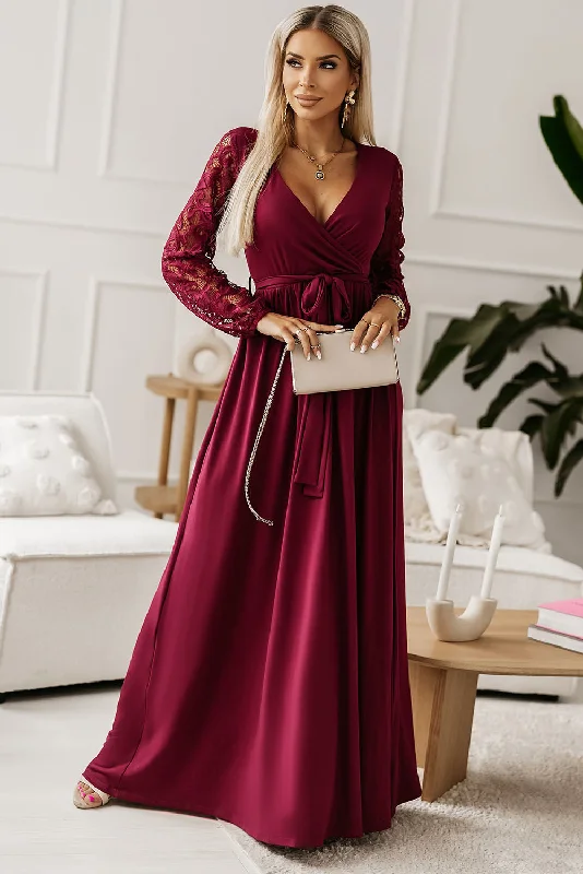 Wrap - Style Women Dress with Adjustable Fit for All Body TypesLace Detail Surplice Tie-Waist Maxi Dress