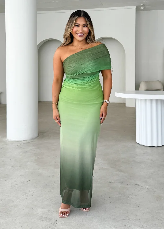 Sleeveless Women Dress in Bright Colors for Summer PartiesLeia One Shoulder Mesh Maxi Dress - Green Ombre