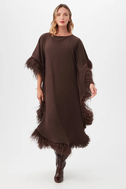 Lace - Embellished Women Dress for an Elegant and Sophisticated AppearanceNeena Boatneck Maxi Caftan Dress With Feather Trim