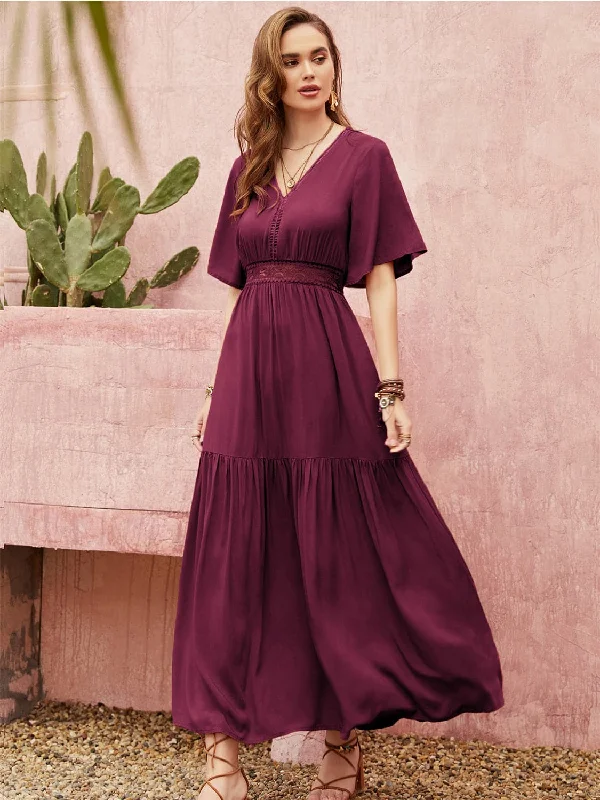 Empire Waist Women Dress to Accentuate the Bust and Conceal the WaistOpenwork V-Neck Flare Sleeve Ruched Dress