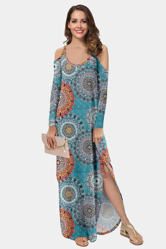 Plus Size Women Dress with a Flattering A - Line Cut for Comfort and StylePrinted Cold-Shoulder Slit Maxi Dress