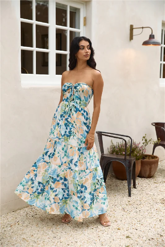 Sleeveless Women Dress in Bright Colors for Summer PartiesRainforest Oasis Strapless Maxi Dress Blue