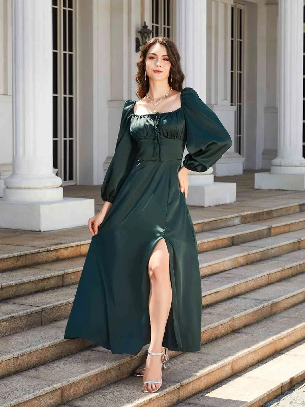 Shift Women Dress with a Simple and Classic Design for Everyday WearSquare Neck Puff Sleeve High Slit Maxi Dress