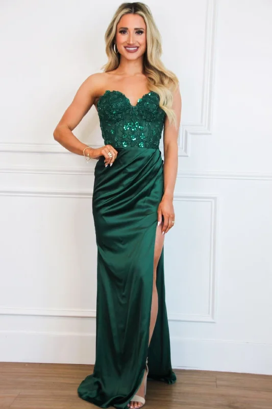 Mermaid - Style Women Dress with a Fitted Silhouette for Special OccasionsSutton Satin Lace Bustier Slit Formal Dress: Emerald