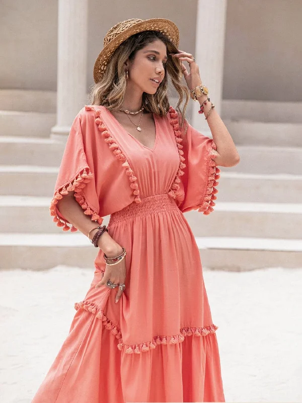 Pleated Women Dress with a Timeless and Elegant TextureTassel smocked mini dress with sleeves