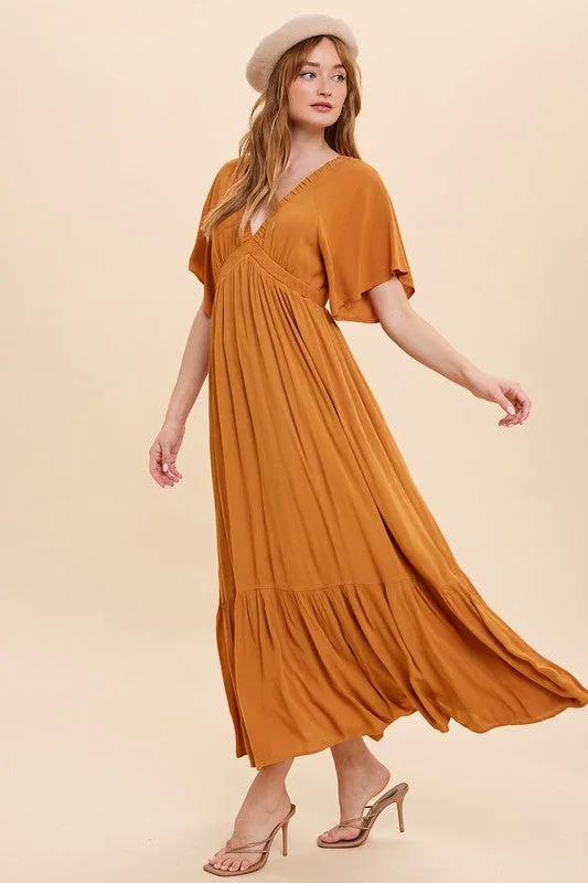 Sleeveless Women Dress in Bright Colors for Summer PartiesV Neck Flutter Sleeve Maxi  Features Back Tassel Tie