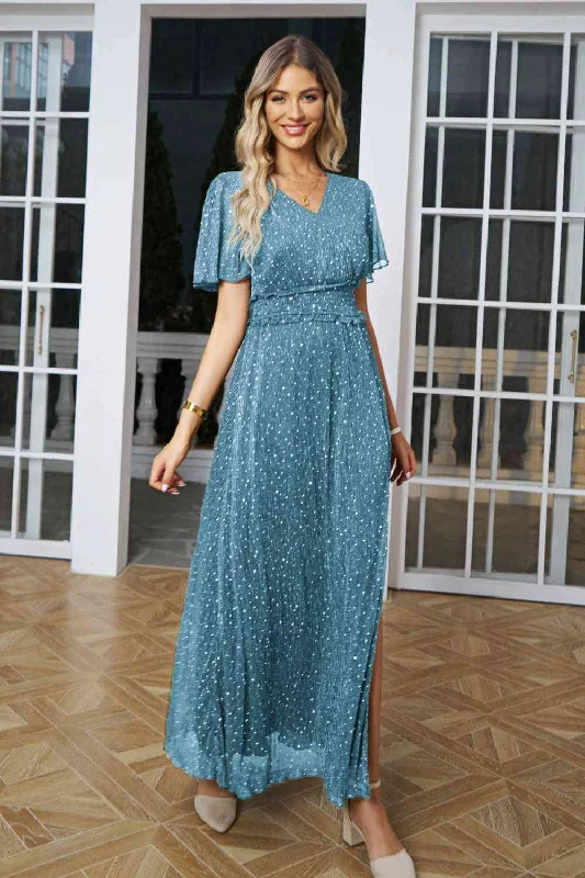 Backless Women Dress for a Sexy and Alluring Look at Evening EventsV-Neck High Slit Glitter Maxi Dress