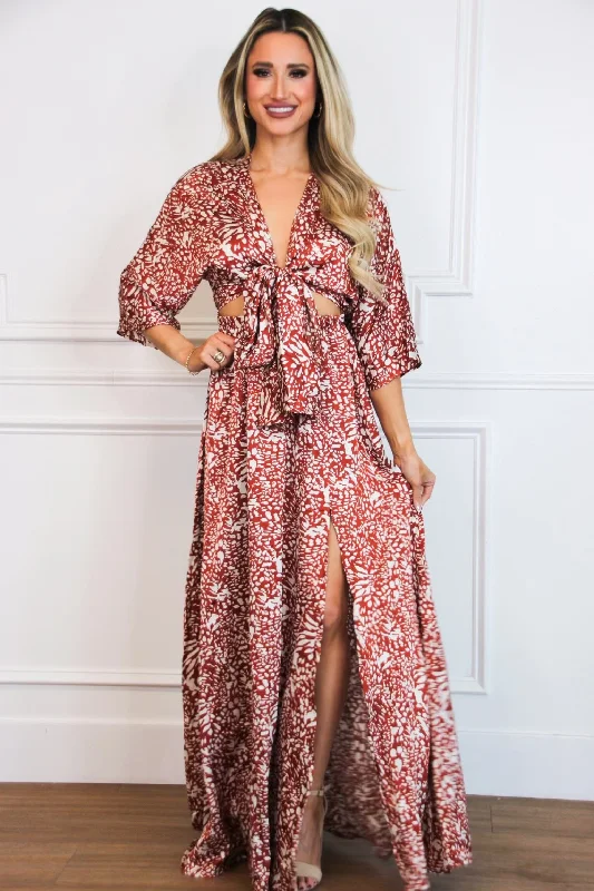 Maxi Women Dress with Floral Print for a Bohemian VibeWild About You Satin Cutout Maxi Dress: RUST/IVORY