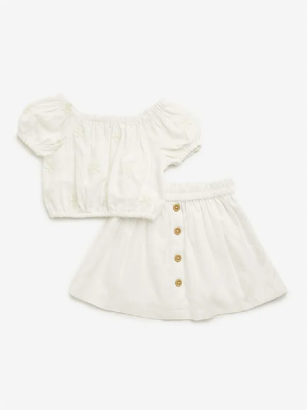 HOP Kids White Floral Top & Mid Rise Skirt Set