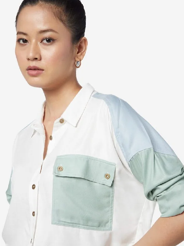 Nuon White Colour-Blocked Crop Casual Shirt