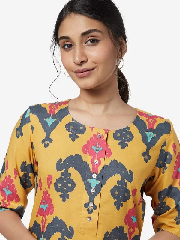 Utsa Mustard High-Low Ethnic Design Kurta