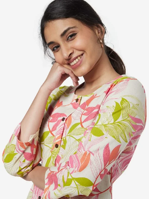 Utsa Pink A-Line Leaf Pattern Kurta