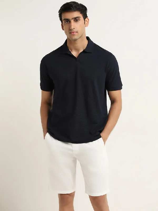 WES Casuals Navy Textured Cotton Blend Relaxed Fit T-Shirt